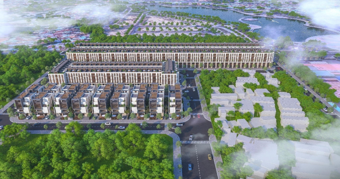 Phối cảnh dự án Cloud Reserve Central Tuy Hòa với dãy shophouse, nhà liền kề và biệt thự hiện đại tại trung tâm thành phố Tuy Hòa Đắk Lắk