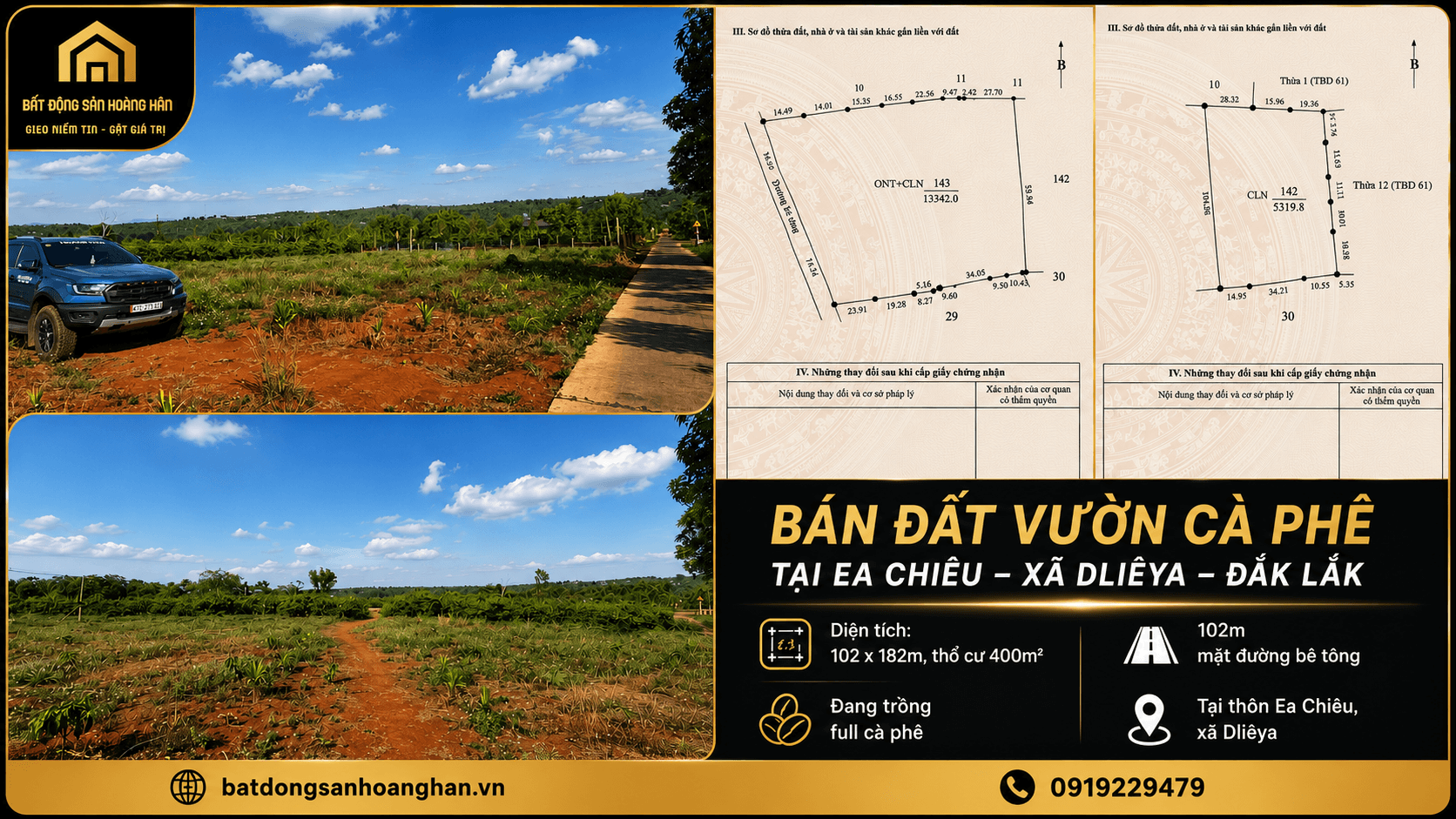 Đất vườn cà phê tại thôn Ea Chiêu xã Dliêya Đắk Lắk diện tích 102x182m có 400m2 thổ cư và 102m mặt tiền đường bê tông