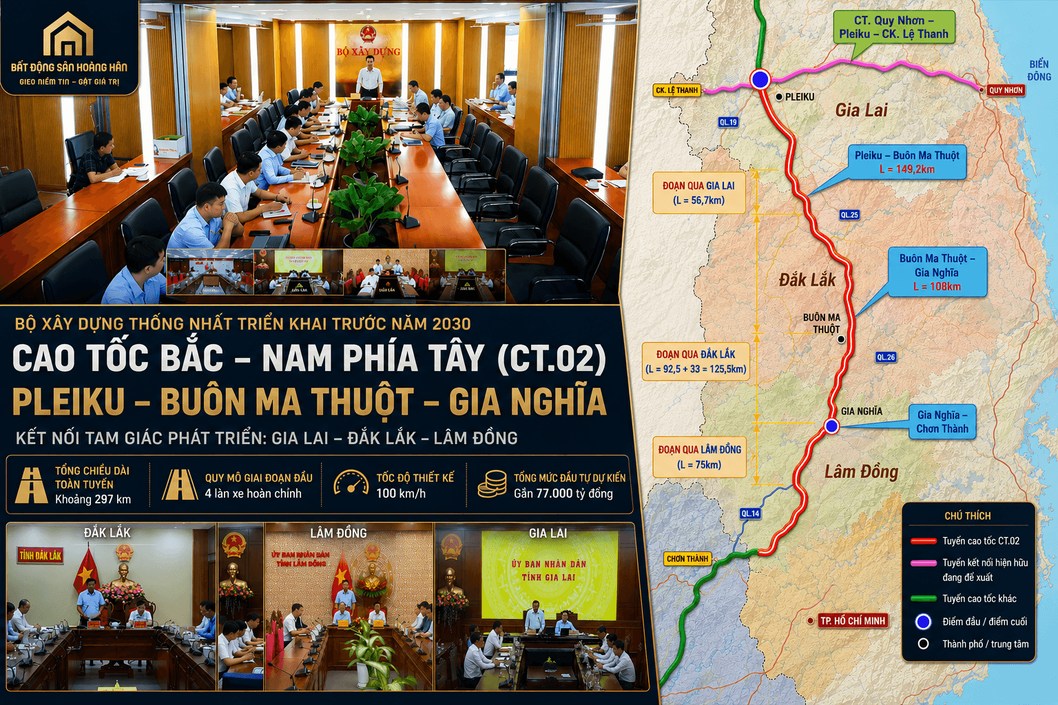 Infographic hướng tuyến cao tốc Bắc Nam phía Tây CT02 Pleiku Buôn Ma Thuột Gia Nghĩa kết nối Gia Lai Đắk Lắk Lâm Đồng