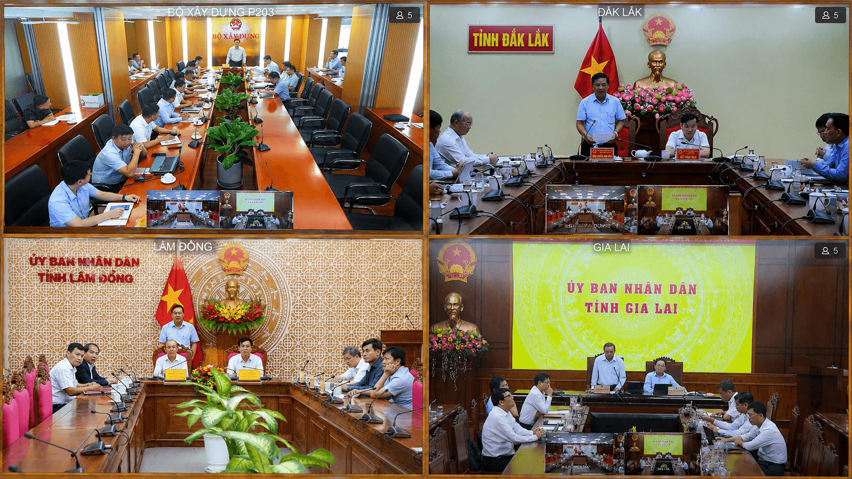 Hình ảnh cuộc họp trực tuyến giữa Bộ Xây dựng Đắk Lắk Gia Lai Lâm Đồng về cao tốc Pleiku Buôn Ma Thuột Gia Nghĩa
