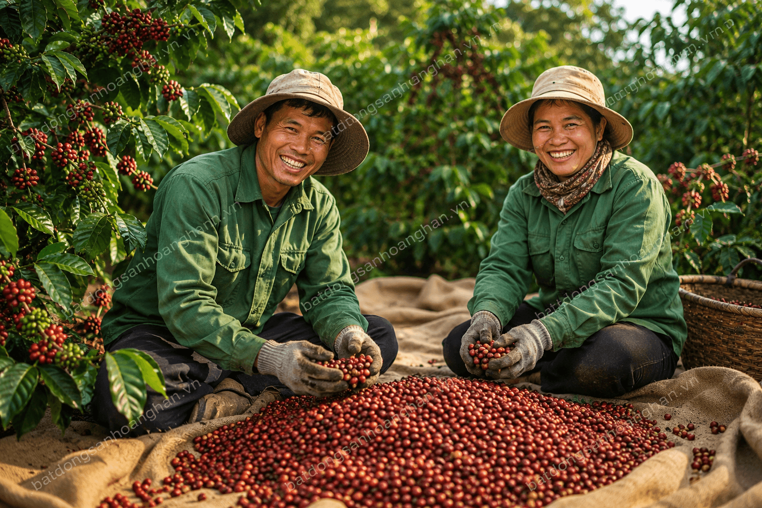 Người nông dân thu hoạch cà phê chín đỏ tại vườn cà phê Đắk Lắk giữa mùa vụ Tây Nguyên