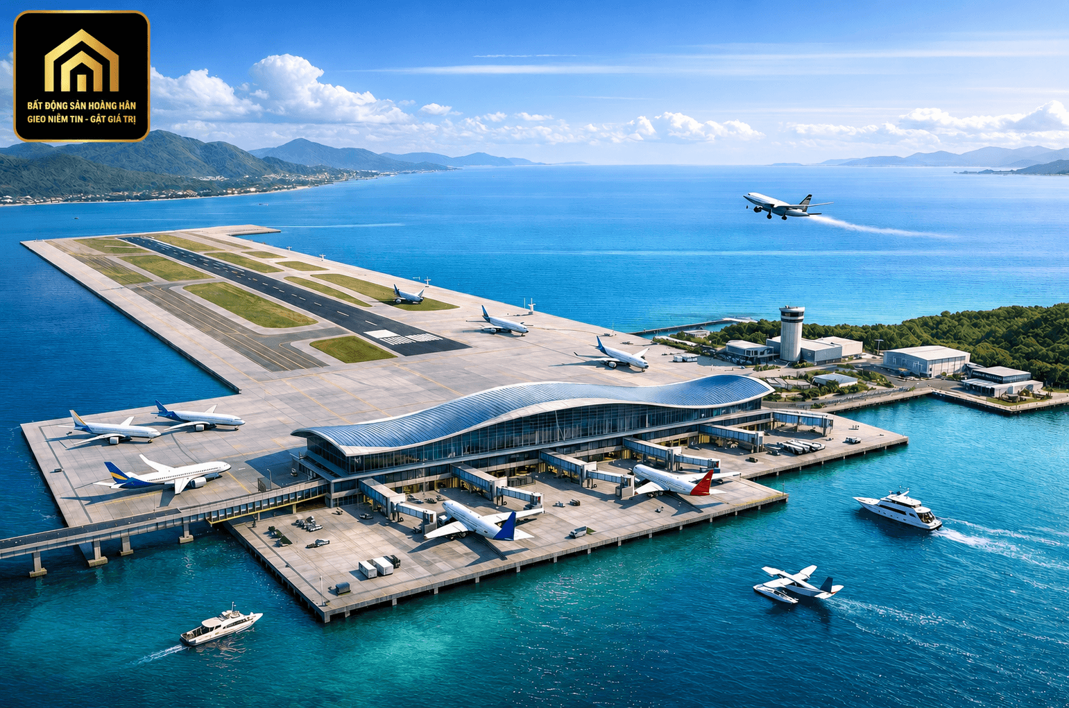 Phối cảnh sân bay Vân Phong xây dựng trên mặt biển tại Khánh Hòa với đường băng và nhà ga hiện đại