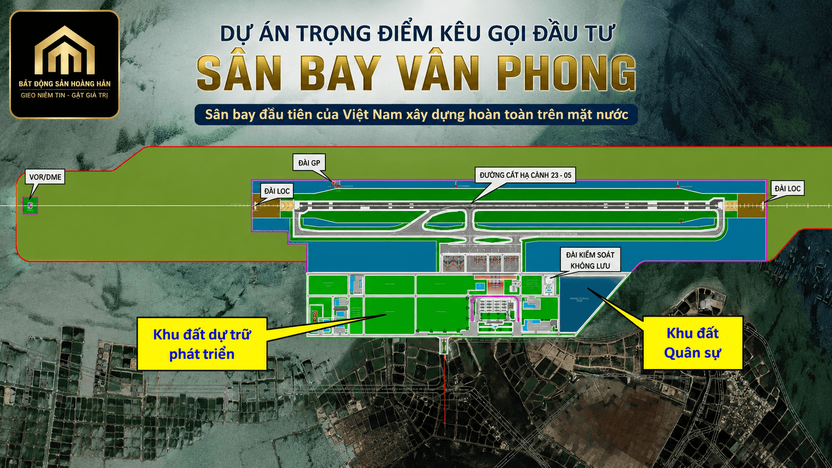 Sơ đồ quy hoạch kỹ thuật sân bay Vân Phong với đường cất hạ cánh, khu quân sự và khu đất dự trữ phát triển