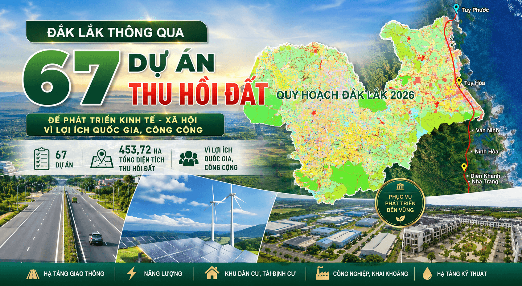 Infographic Đắk Lắk thông qua 67 dự án thu hồi đất với tổng diện tích 453,72 ha để phát triển kinh tế xã hội vì lợi ích quốc gia và công cộng năm 2026