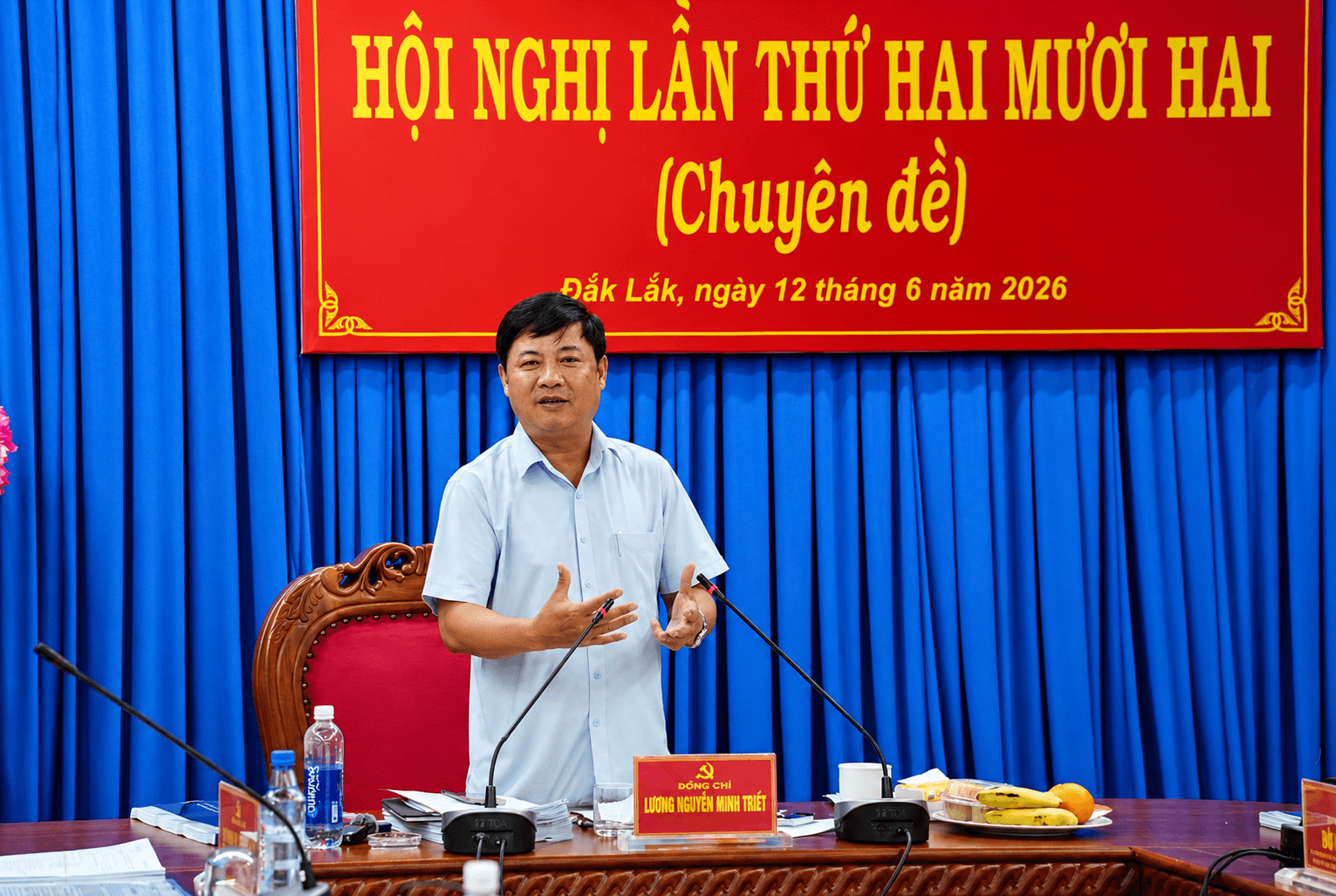 Đồng chí Lương Nguyễn Minh Triết, Ủy viên Trung ương Đảng, Bí thư Tỉnh ủy, Trưởng Đoàn Đại biểu Quốc hội tỉnh phát biểu kết luận Hội nghị Ban Thường vụ Tỉnh ủy Đắk Lắk lần thứ 22 (chuyên đề) ngày 12/6/2026