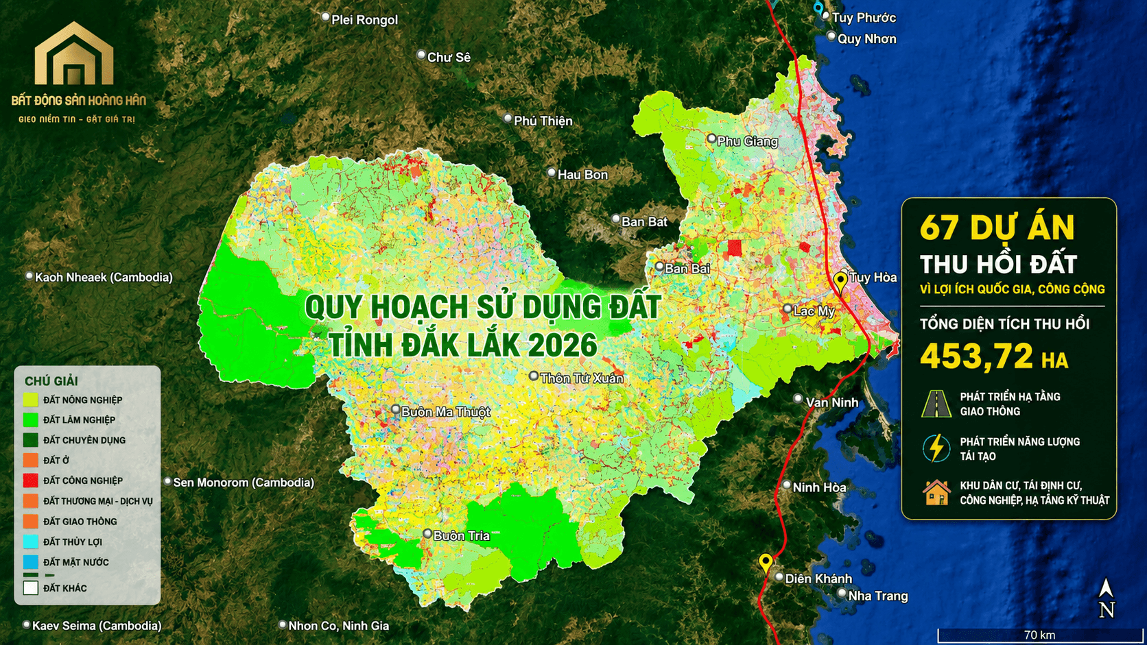 Bản đồ quy hoạch sử dụng đất tỉnh Đắk Lắk năm 2026 sau sáp nhập hành chính, thể hiện khu vực triển khai 67 dự án thu hồi đất để phát triển kinh tế xã hội vì lợi ích quốc gia và công cộng