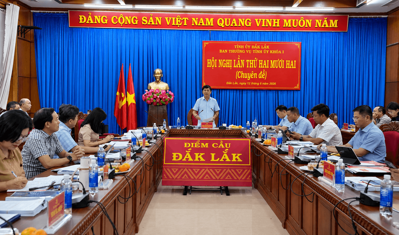 Toàn cảnh Hội nghị Ban Thường vụ Tỉnh ủy Đắk Lắk lần thứ 22 (chuyên đề) diễn ra ngày 12/6/2026 tại điểm cầu Đắk Lắk